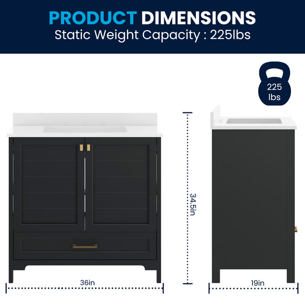 Black Frame/Gold Hardware,36" |#| 36 Inch Bathroom Vanity with Undermount Sink, Cabinet, and Drawer in Black