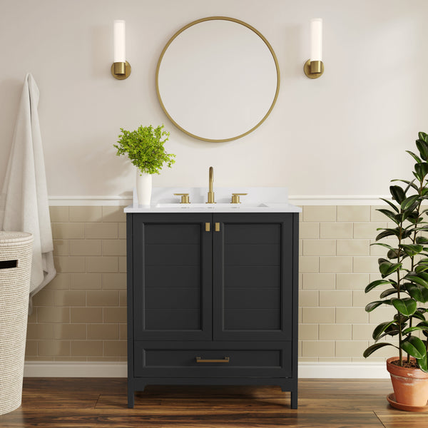 Black Frame/Gold Hardware,30" |#| 30 Inch Bathroom Vanity with Undermount Sink, Cabinet, and Drawer in Black