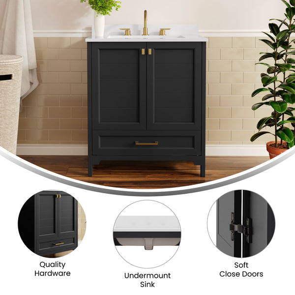 Black Frame/Gold Hardware,30" |#| 30 Inch Bathroom Vanity with Undermount Sink, Cabinet, and Drawer in Black