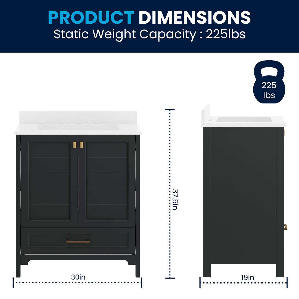 Black Frame/Gold Hardware,30" |#| 30 Inch Bathroom Vanity with Undermount Sink, Cabinet, and Drawer in Black
