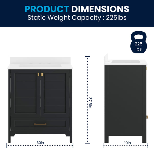 Black Frame/Gold Hardware,30" |#| 30 Inch Bathroom Vanity with Undermount Sink, Cabinet, and Drawer in Black