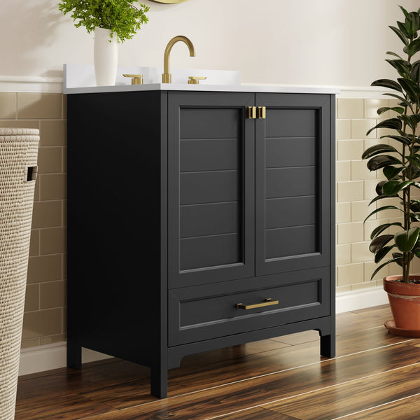 Black Frame/Gold Hardware,30" |#| 30 Inch Bathroom Vanity with Undermount Sink, Cabinet, and Drawer in Black