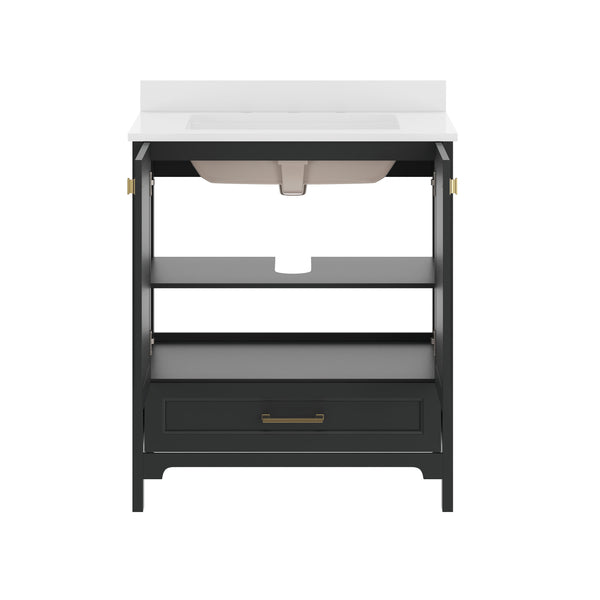 Black Frame/Gold Hardware,30" |#| 30 Inch Bathroom Vanity with Undermount Sink, Cabinet, and Drawer in Black