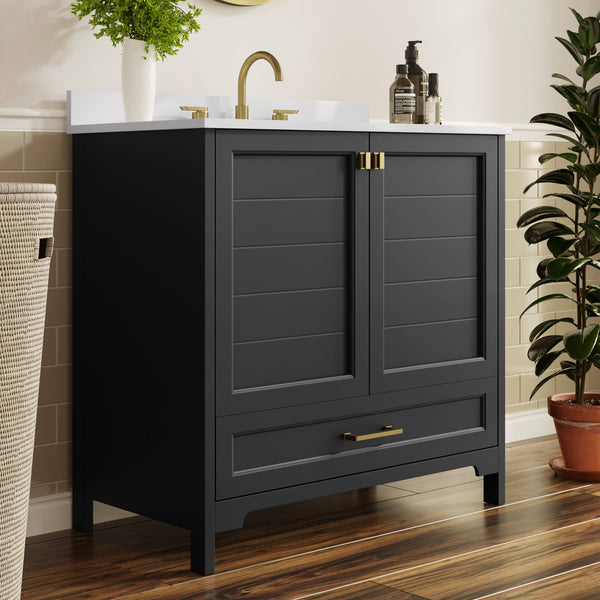 Black Frame/Gold Hardware,36" |#| 36 Inch Bathroom Vanity with Undermount Sink, Cabinet, and Drawer in Black