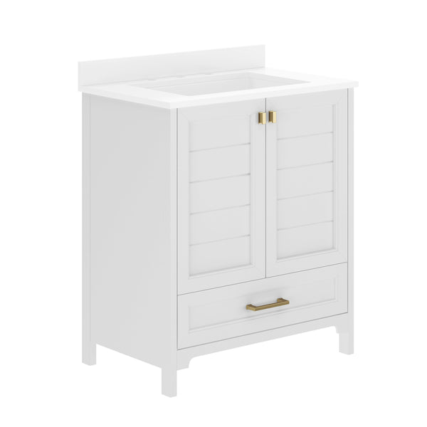 White Frame/Gold Hardware,30" |#| 30 Inch Bathroom Vanity with Undermount Sink, Cabinet, and Drawer in White