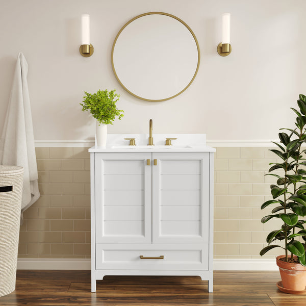 White Frame/Gold Hardware,30" |#| 30 Inch Bathroom Vanity with Undermount Sink, Cabinet, and Drawer in White