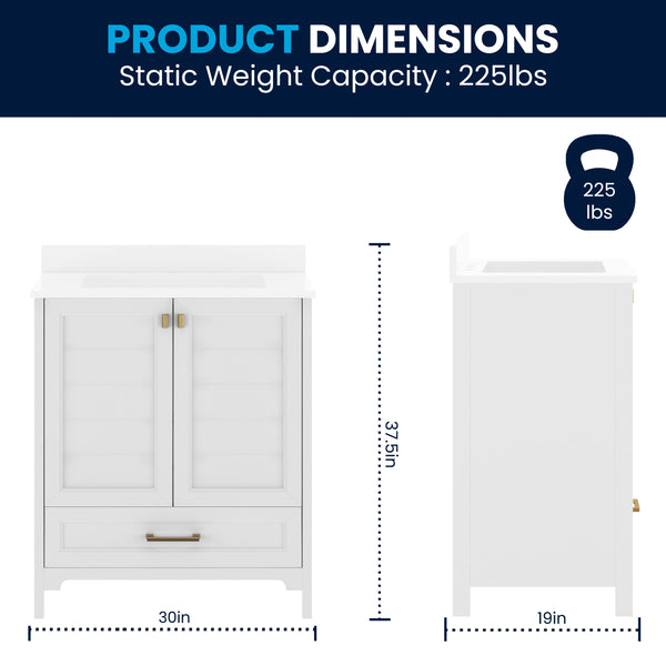 White Frame/Gold Hardware,30" |#| 30 Inch Bathroom Vanity with Undermount Sink, Cabinet, and Drawer in White