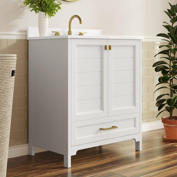 White Frame/Gold Hardware,30" |#| 30 Inch Bathroom Vanity with Undermount Sink, Cabinet, and Drawer in White