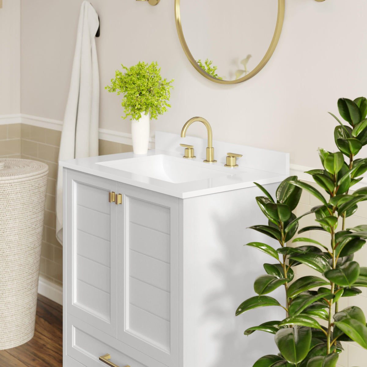 White Frame/Gold Hardware,30" |#| 30 Inch Bathroom Vanity with Undermount Sink, Cabinet, and Drawer in White