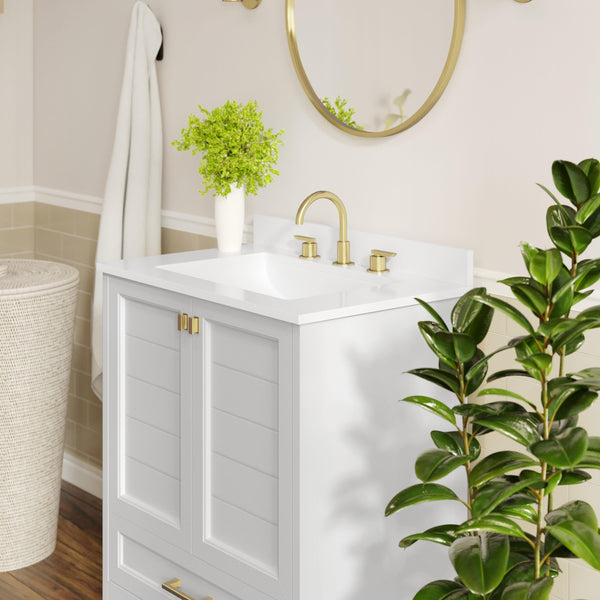 White Frame/Gold Hardware,30" |#| 30 Inch Bathroom Vanity with Undermount Sink, Cabinet, and Drawer in White