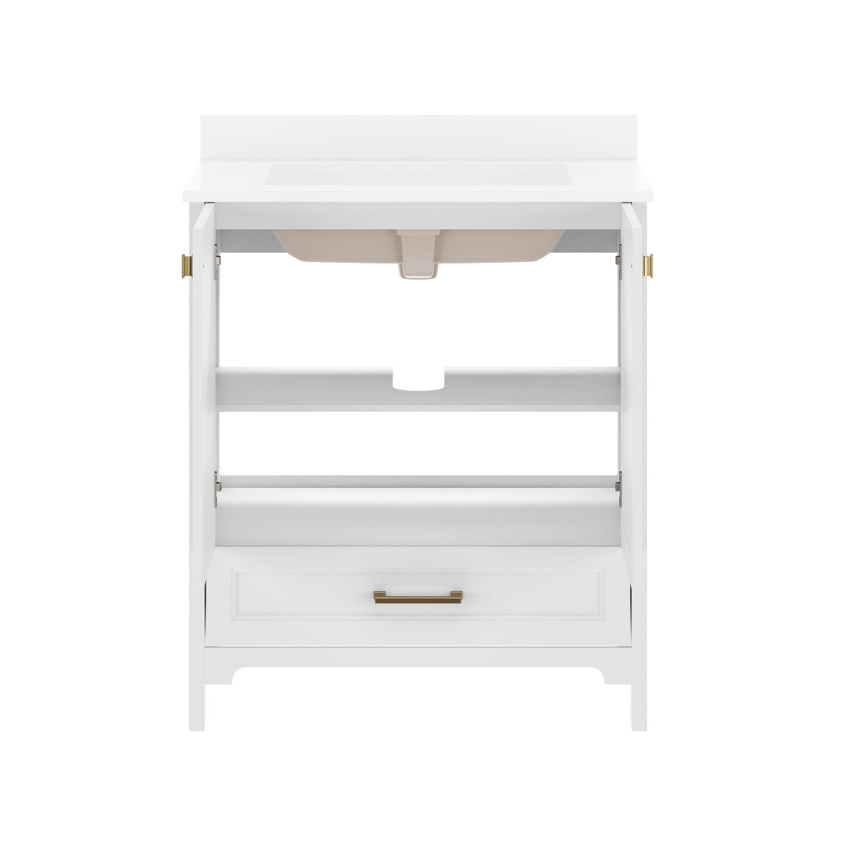 White Frame/Gold Hardware,30" |#| 30 Inch Bathroom Vanity with Undermount Sink, Cabinet, and Drawer in White
