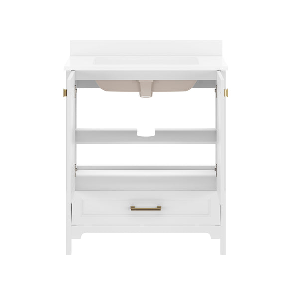 White Frame/Gold Hardware,30" |#| 30 Inch Bathroom Vanity with Undermount Sink, Cabinet, and Drawer in White