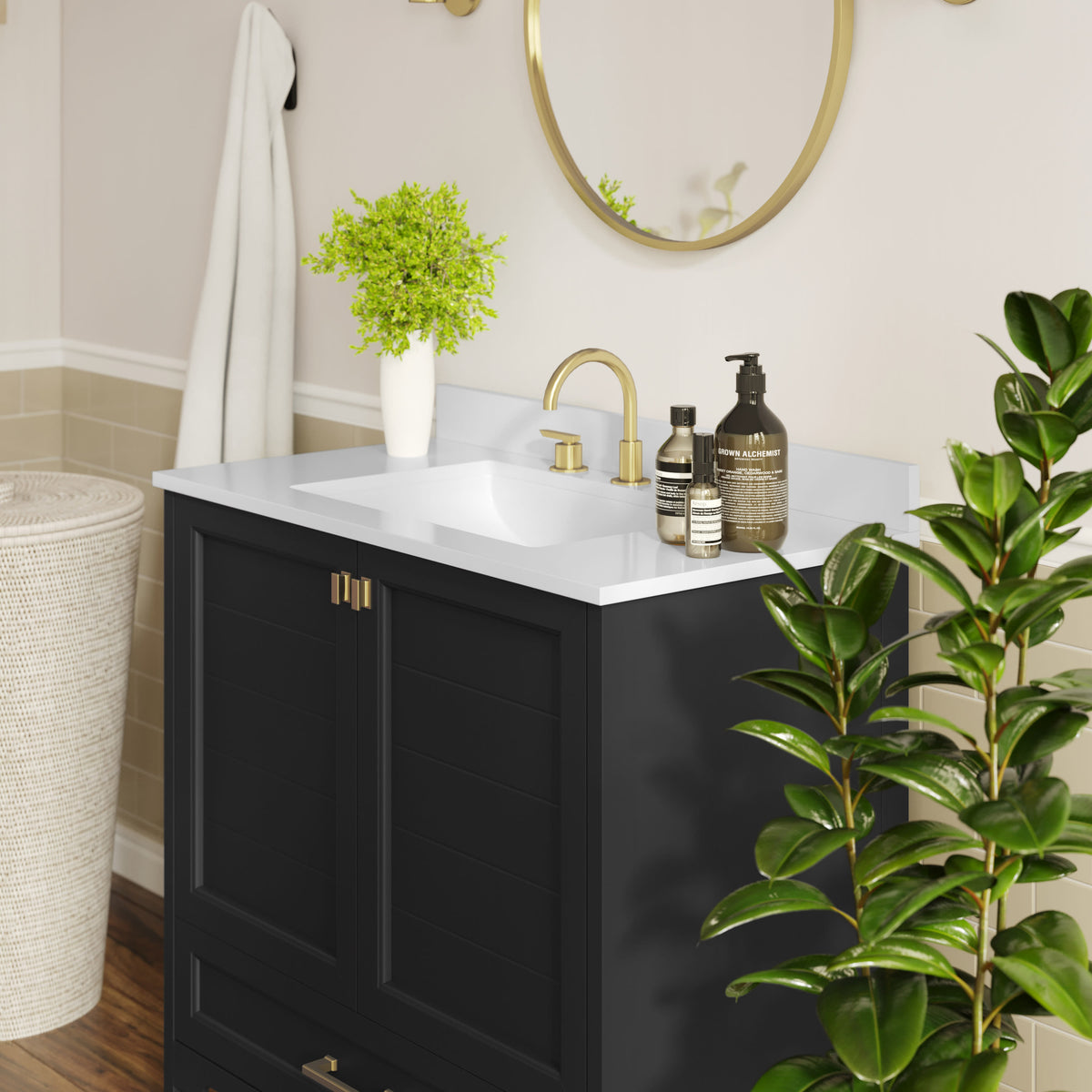 Black Frame/Gold Hardware,36" |#| 36 Inch Bathroom Vanity with Undermount Sink, Cabinet, and Drawer in Black