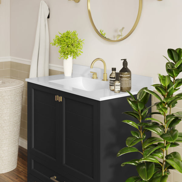 Black Frame/Gold Hardware,36" |#| 36 Inch Bathroom Vanity with Undermount Sink, Cabinet, and Drawer in Black