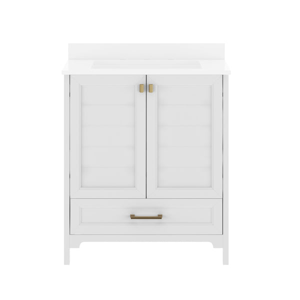 White Frame/Gold Hardware,30" |#| 30 Inch Bathroom Vanity with Undermount Sink, Cabinet, and Drawer in White