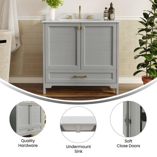 Gray Frame/Gold Hardware,36" |#| 36 Inch Bathroom Vanity with Undermount Sink, Cabinet, and Drawer in Gray