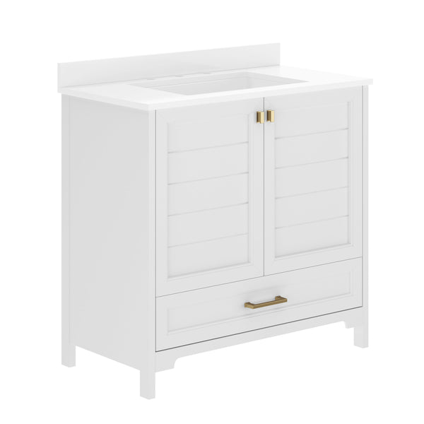 White Frame/Gold Hardware,36" |#| 36 Inch Bathroom Vanity with Undermount Sink, Cabinet, and Drawer in White