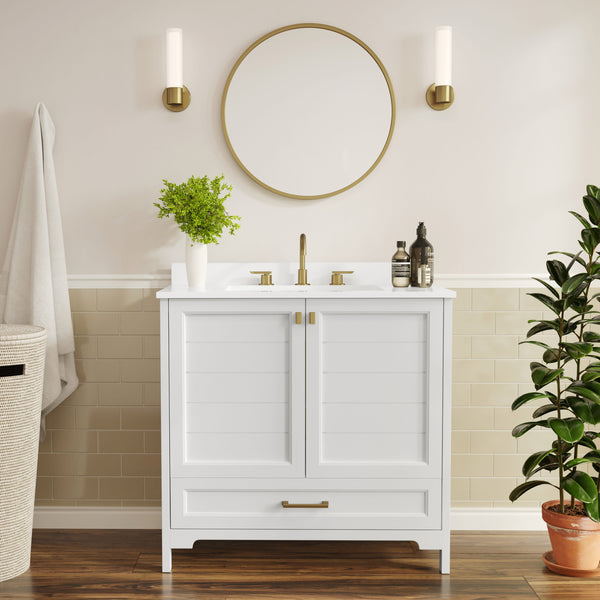 White Frame/Gold Hardware,36" |#| 36 Inch Bathroom Vanity with Undermount Sink, Cabinet, and Drawer in White