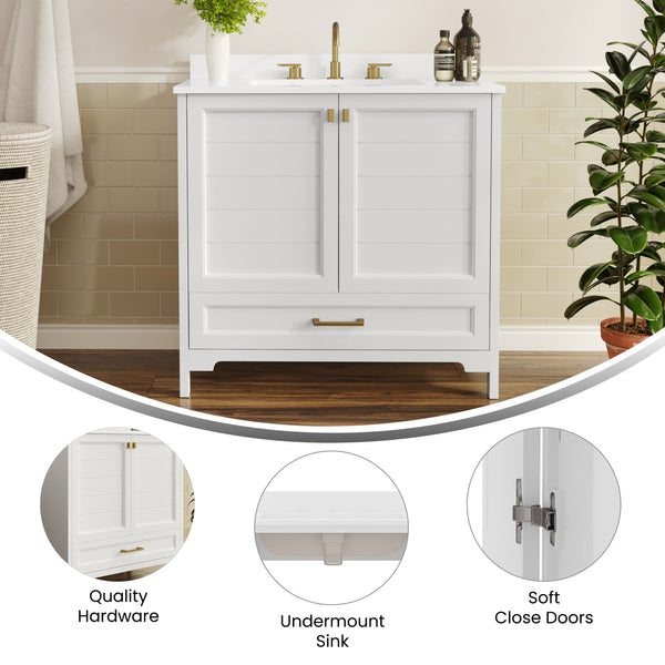 White Frame/Gold Hardware,36" |#| 36 Inch Bathroom Vanity with Undermount Sink, Cabinet, and Drawer in White