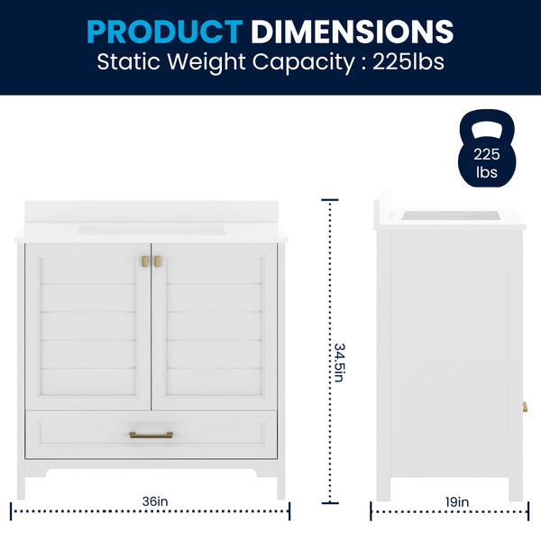 White Frame/Gold Hardware,36" |#| 36 Inch Bathroom Vanity with Undermount Sink, Cabinet, and Drawer in White