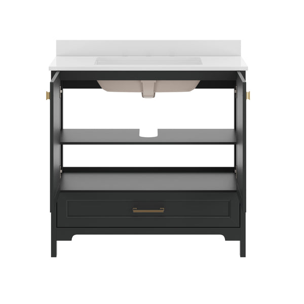 Black Frame/Gold Hardware,36" |#| 36 Inch Bathroom Vanity with Undermount Sink, Cabinet, and Drawer in Black