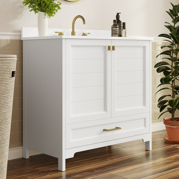 White Frame/Gold Hardware,36" |#| 36 Inch Bathroom Vanity with Undermount Sink, Cabinet, and Drawer in White