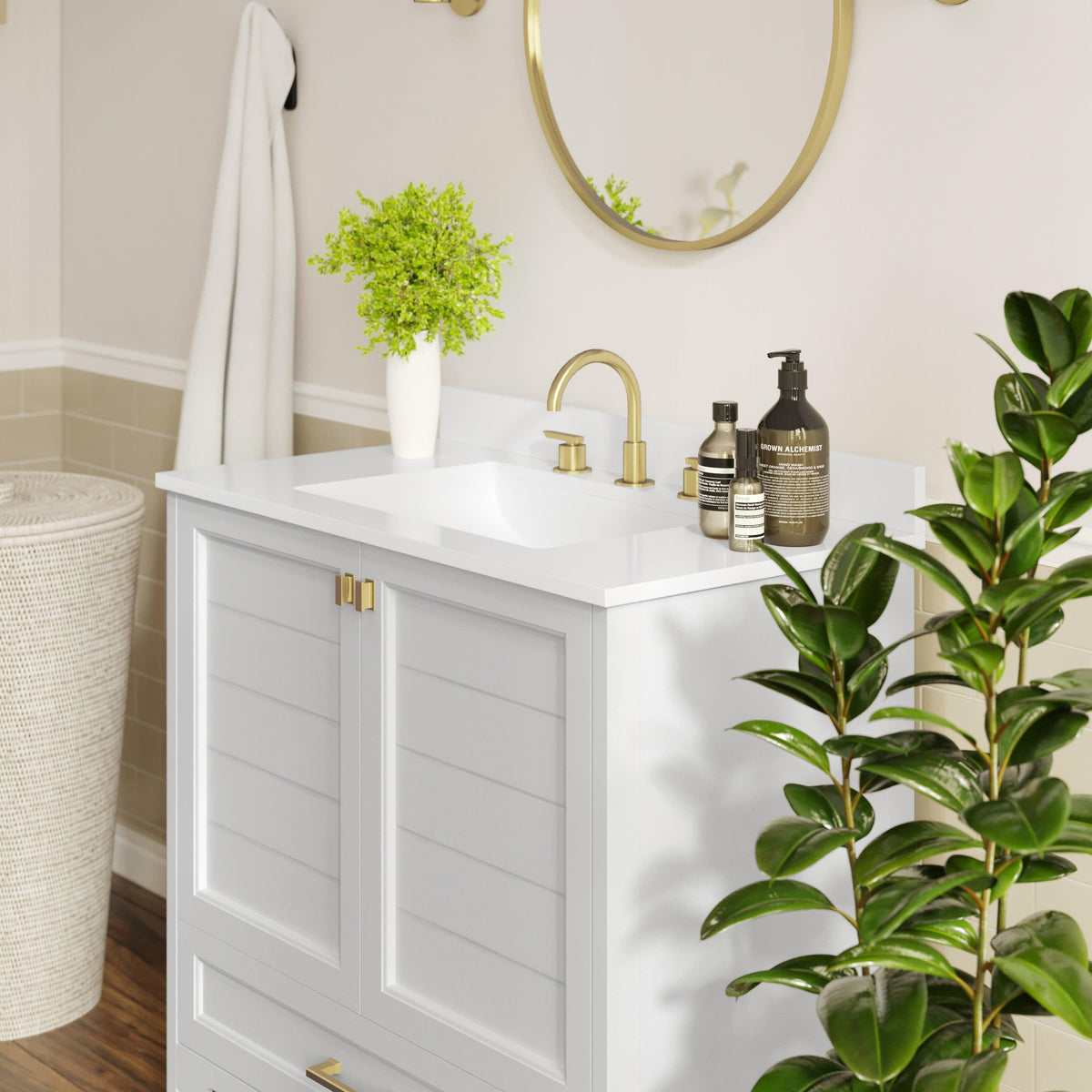 White Frame/Gold Hardware,36" |#| 36 Inch Bathroom Vanity with Undermount Sink, Cabinet, and Drawer in White