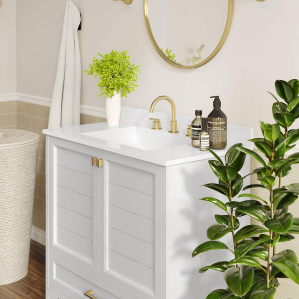White Frame/Gold Hardware,36" |#| 36 Inch Bathroom Vanity with Undermount Sink, Cabinet, and Drawer in White