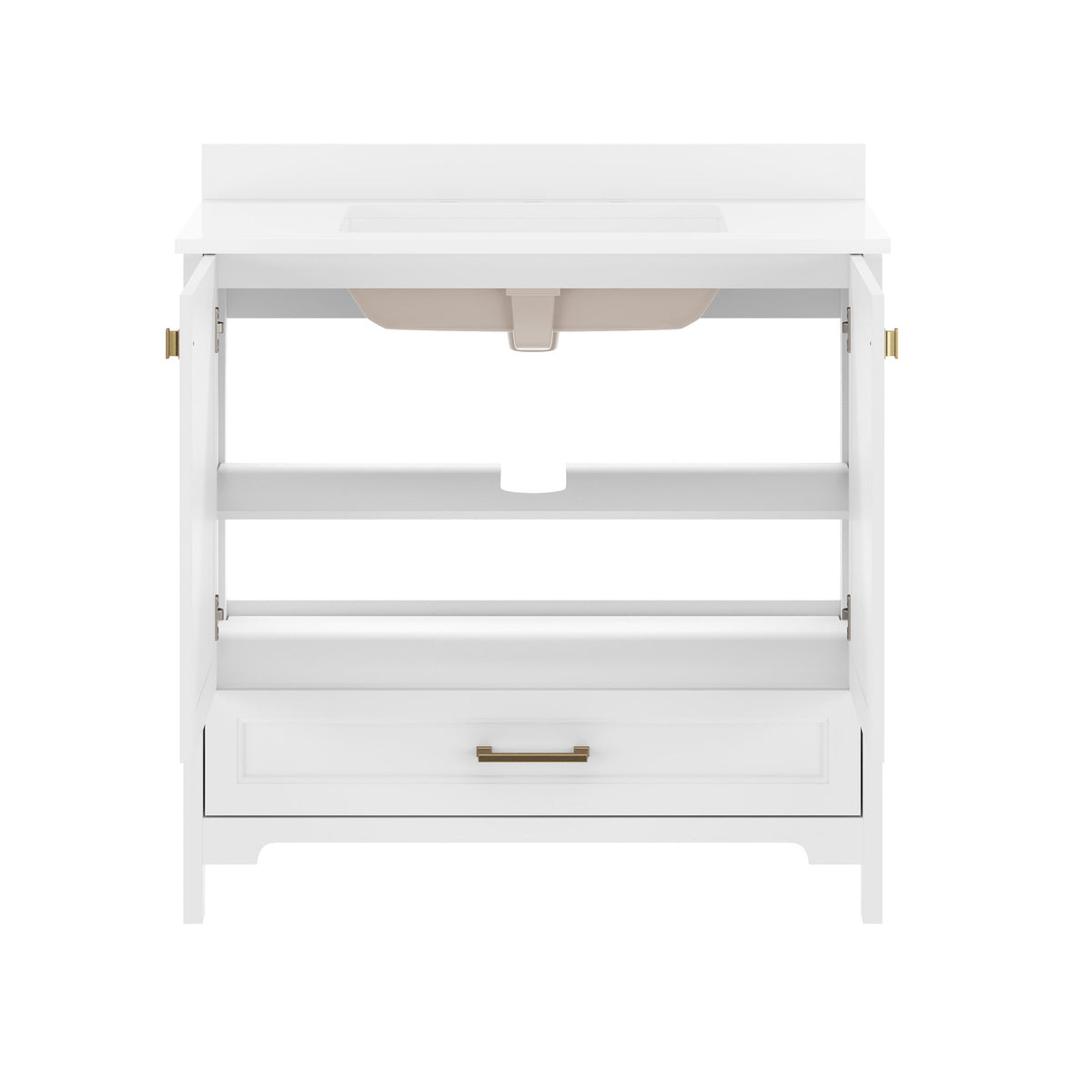 White Frame/Gold Hardware,36" |#| 36 Inch Bathroom Vanity with Undermount Sink, Cabinet, and Drawer in White