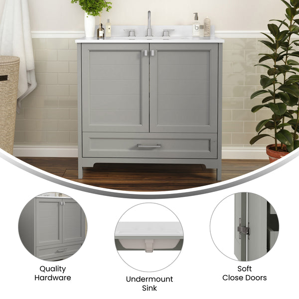 Gray,36" |#| 36 Inch Bathroom Vanity with Undermount Sink, Cabinet, and Drawer in Gray