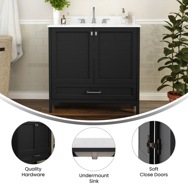 Black,36" |#| 36 Inch Bathroom Vanity with Undermount Sink, Cabinet, and Drawer in Black