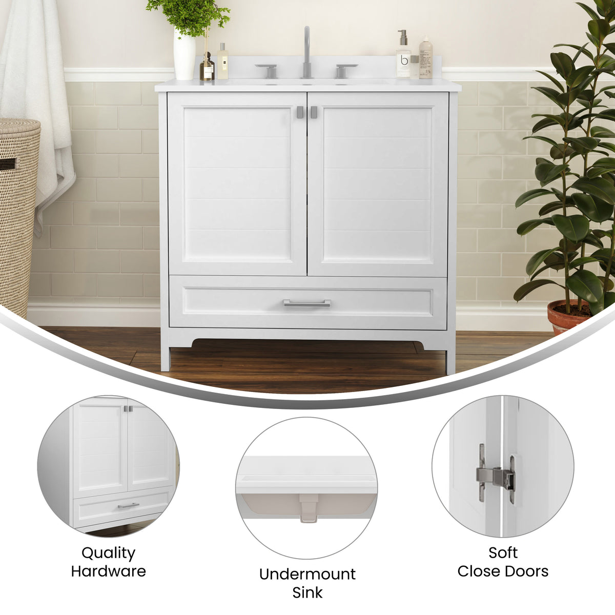 White,36" |#| 36 Inch Bathroom Vanity with Undermount Sink, Cabinet, and Drawer in White