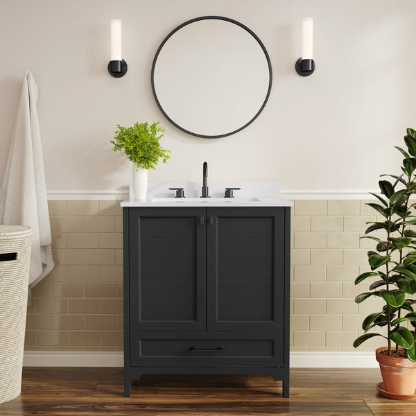Black Frame/Black Hardware,30" |#| 30 Inch Bathroom Vanity with Undermount Sink, Cabinet, and Drawer in Black