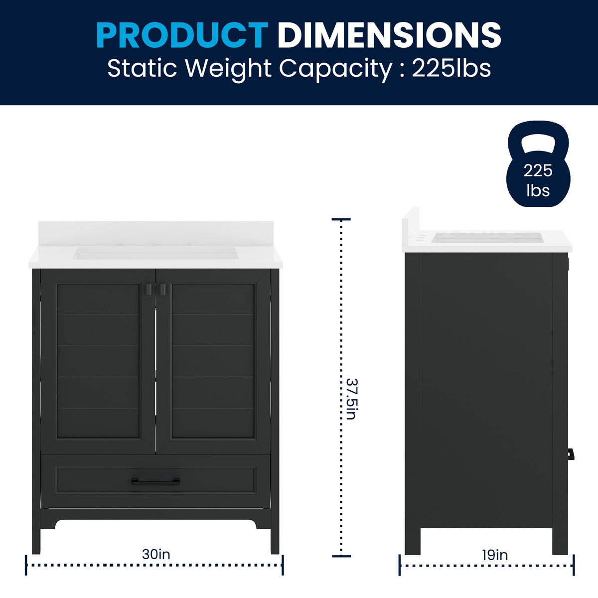 Black Frame/Black Hardware,30" |#| 30 Inch Bathroom Vanity with Undermount Sink, Cabinet, and Drawer in Black