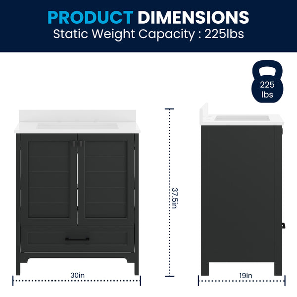 Black Frame/Black Hardware,30" |#| 30 Inch Bathroom Vanity with Undermount Sink, Cabinet, and Drawer in Black