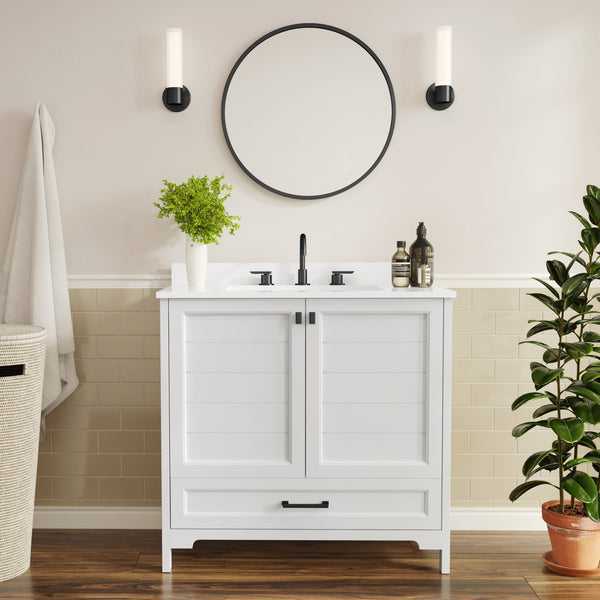 White Frame/Black Hardware,36" |#| 36 Inch Bathroom Vanity with Undermount Sink, Cabinet, and Drawer in White