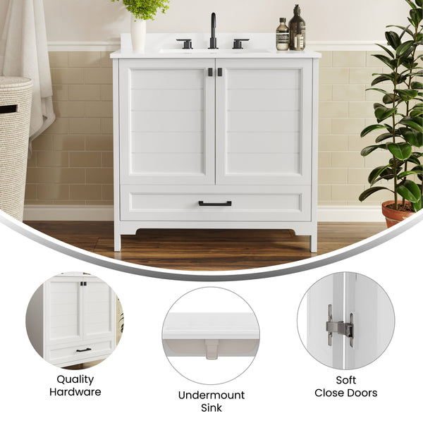 White Frame/Black Hardware,36" |#| 36 Inch Bathroom Vanity with Undermount Sink, Cabinet, and Drawer in White