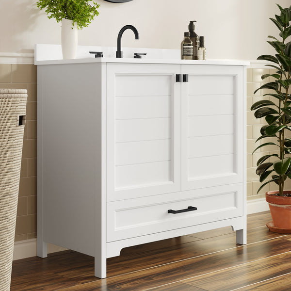 White Frame/Black Hardware,36" |#| 36 Inch Bathroom Vanity with Undermount Sink, Cabinet, and Drawer in White