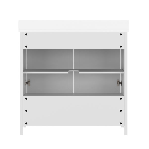 White Frame/Black Hardware,36" |#| 36 Inch Bathroom Vanity with Undermount Sink, Cabinet, and Drawer in White