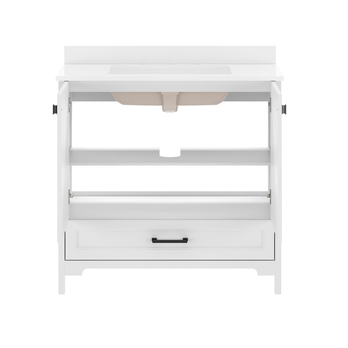 White Frame/Black Hardware,36" |#| 36 Inch Bathroom Vanity with Undermount Sink, Cabinet, and Drawer in White