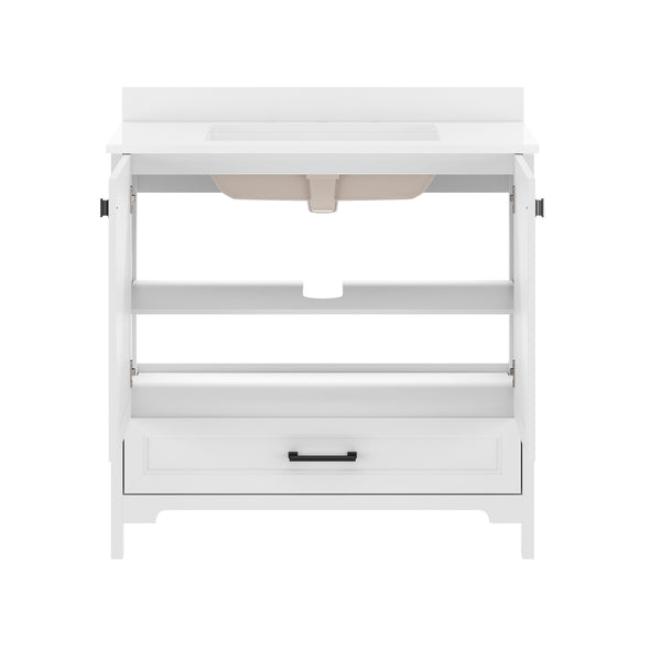 White Frame/Black Hardware,36" |#| 36 Inch Bathroom Vanity with Undermount Sink, Cabinet, and Drawer in White