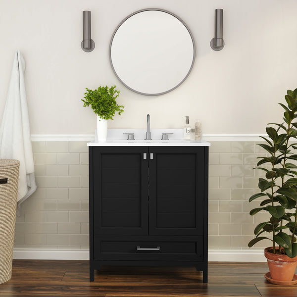 Black,30" |#| 30 Inch Bathroom Vanity with Undermount Sink, Cabinet, and Drawer in Black