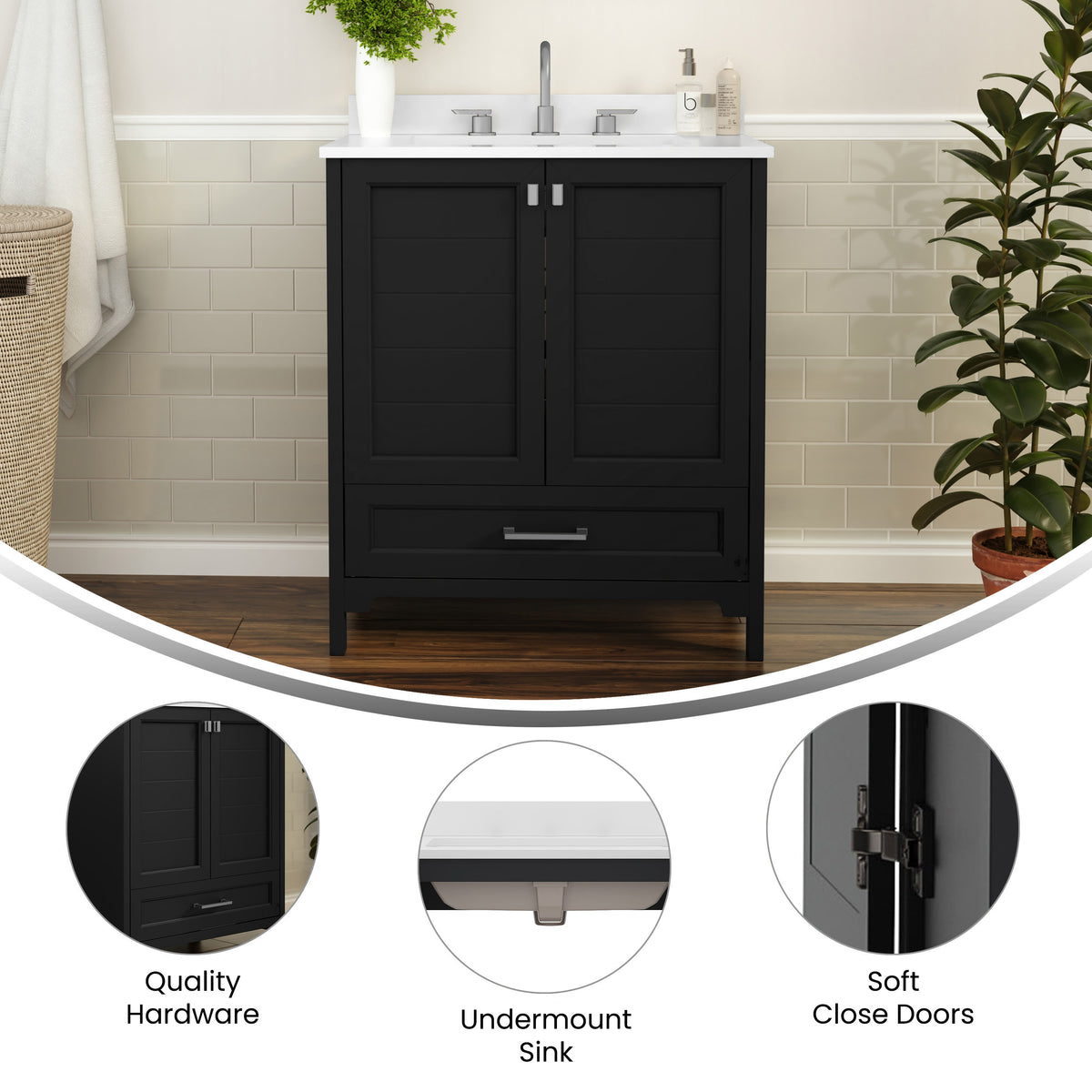 Black,30" |#| 30 Inch Bathroom Vanity with Undermount Sink, Cabinet, and Drawer in Black