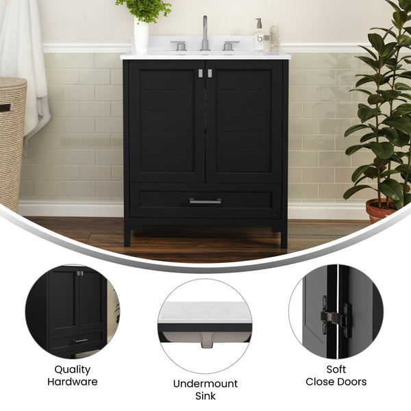 Black,30" |#| 30 Inch Bathroom Vanity with Undermount Sink, Cabinet, and Drawer in Black