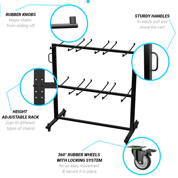 Commercial Grade Heavy Duty Mobile Chair and Table Dolly Cart in Black - Large