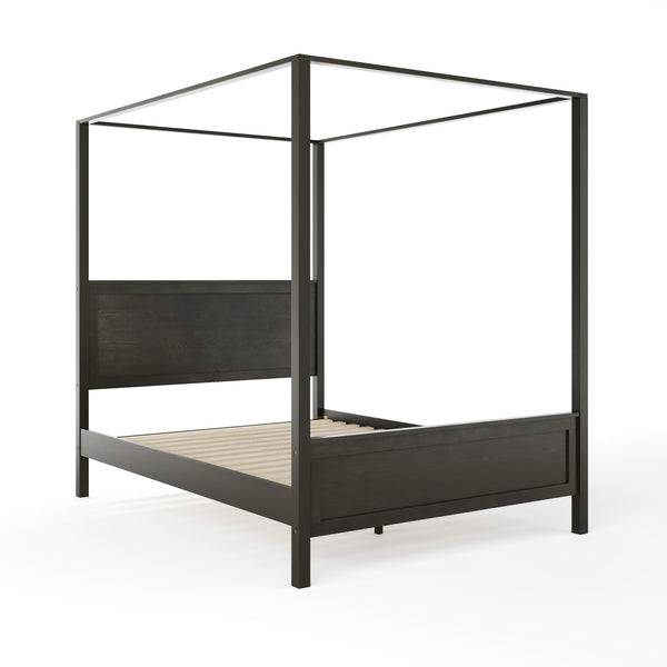 Wooden Queen Size Canopy Platform Bed with Headboard and Footboard in Dark Gray