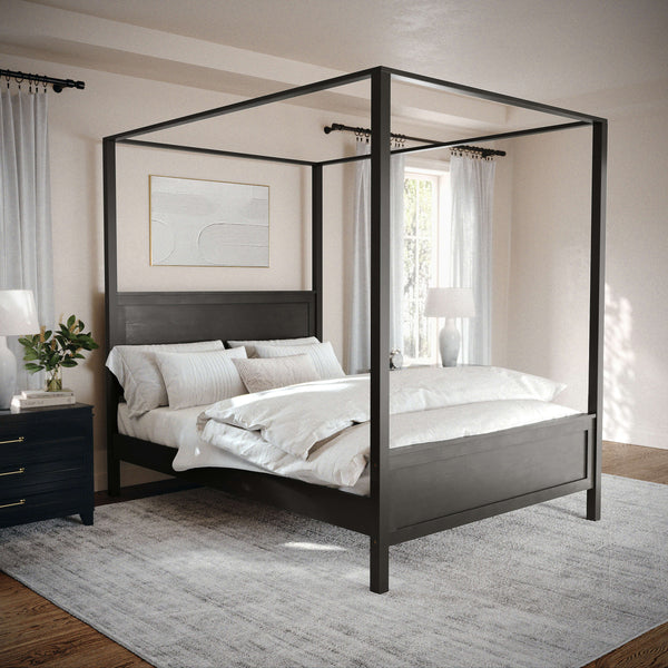 Wooden Queen Size Canopy Platform Bed with Headboard and Footboard in Dark Gray