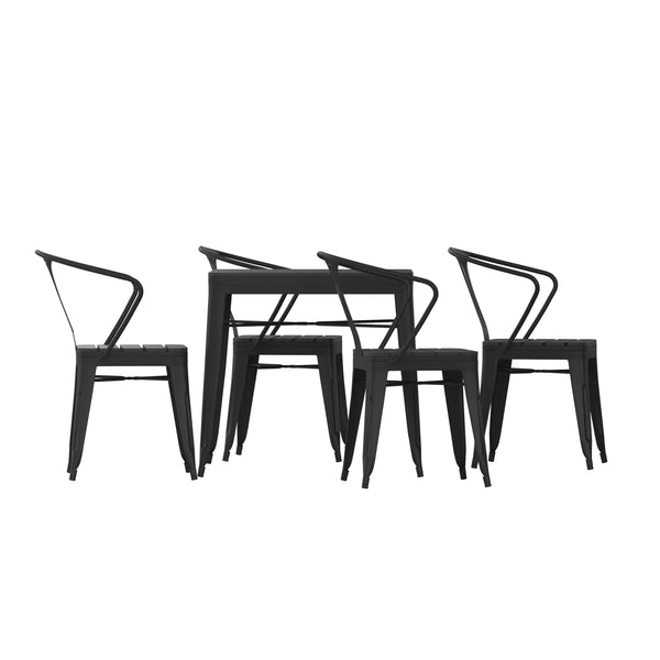Black |#| All-Weather Resin Top Square Table & 4 Metal Chairs with Poly Resin Seats-Black
