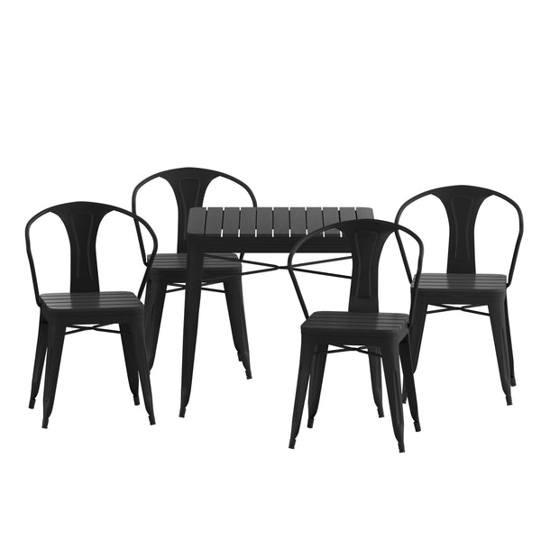 Black |#| All-Weather Resin Top Square Table & 4 Metal Chairs with Poly Resin Seats-Black