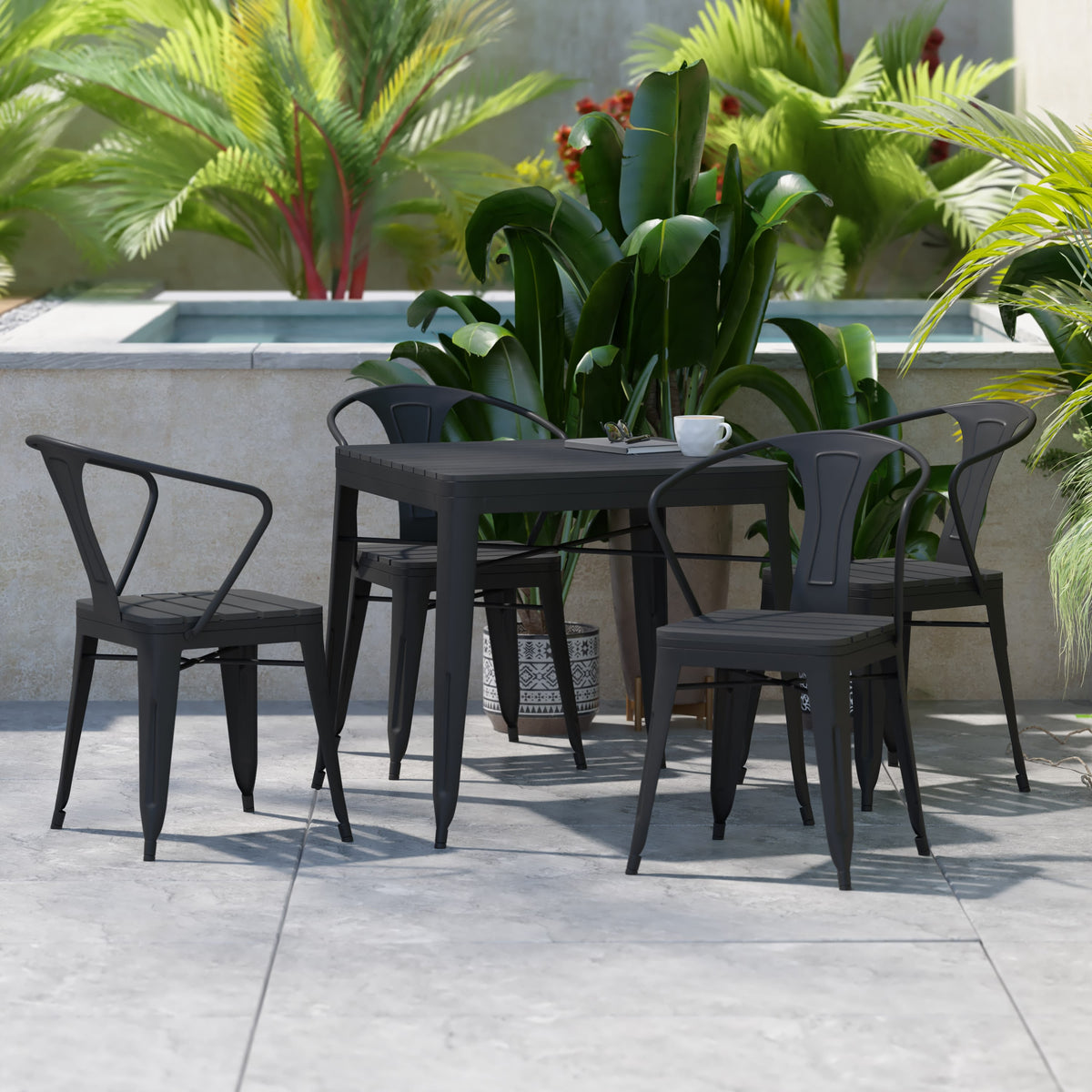 Black |#| All-Weather Resin Top Square Table & 4 Metal Chairs with Poly Resin Seats-Black